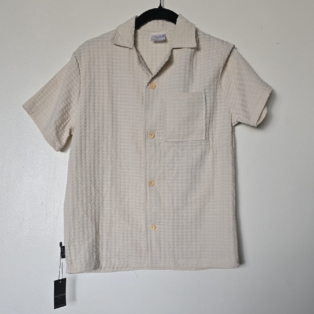 Men's Cream Textured Short-Sleeve Camp Collar Shirt - Unknown Brand